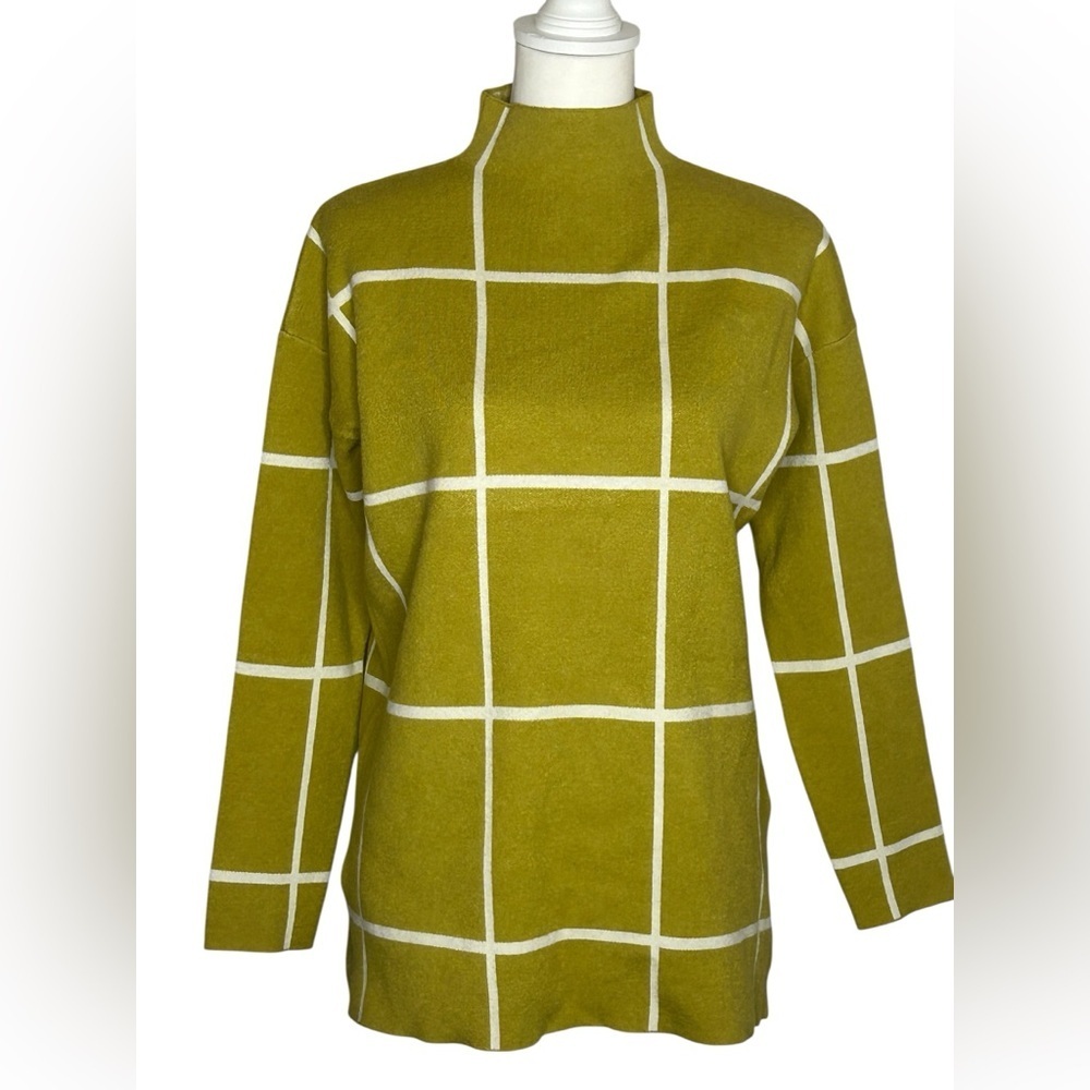 Max Studio EUC Olive Green Grid Pattern Women's Mock Turtleneck Sweater sz med